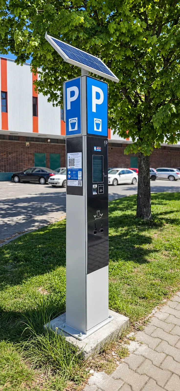 Parkovací terminál so solárnym panelom pri ceste
