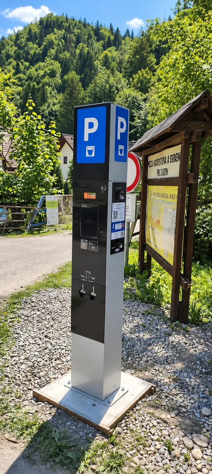 Parkovací terminál pri informačnej tabuli s mapou